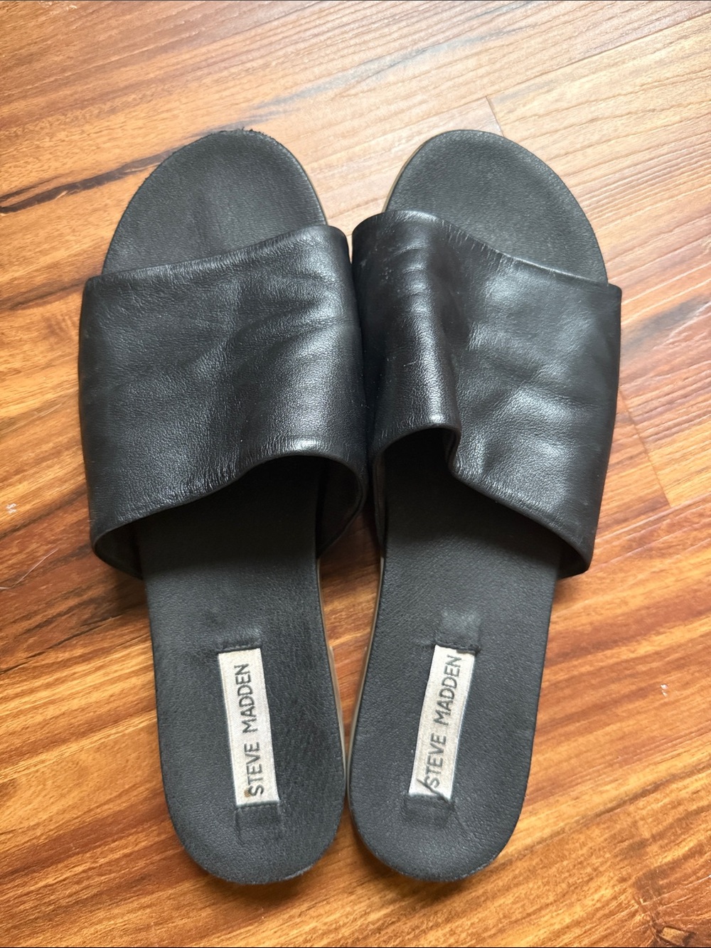 Steve Madden Black Leather Wide-Strap Slides